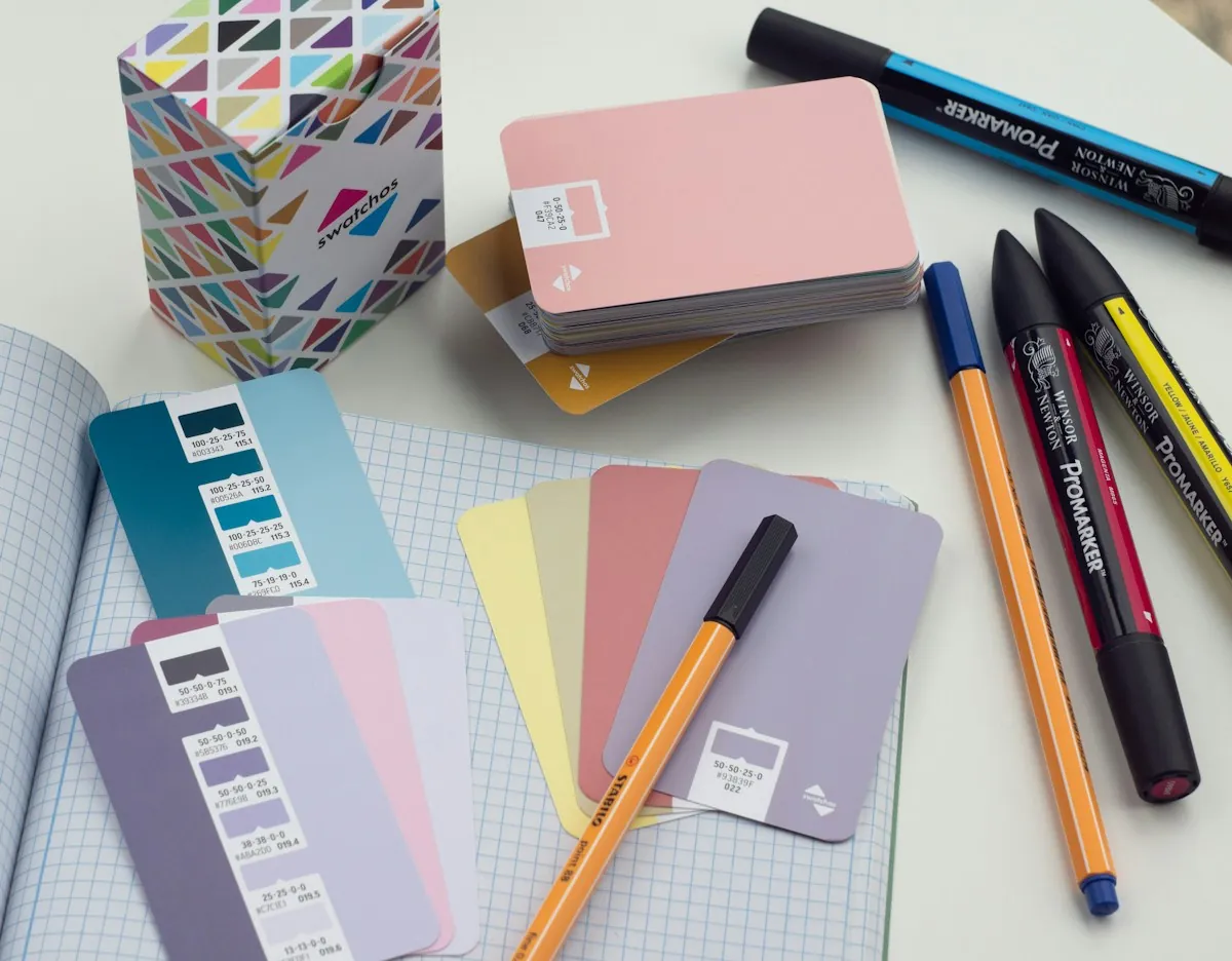 Designer’s desk with colour swatches and stationery
