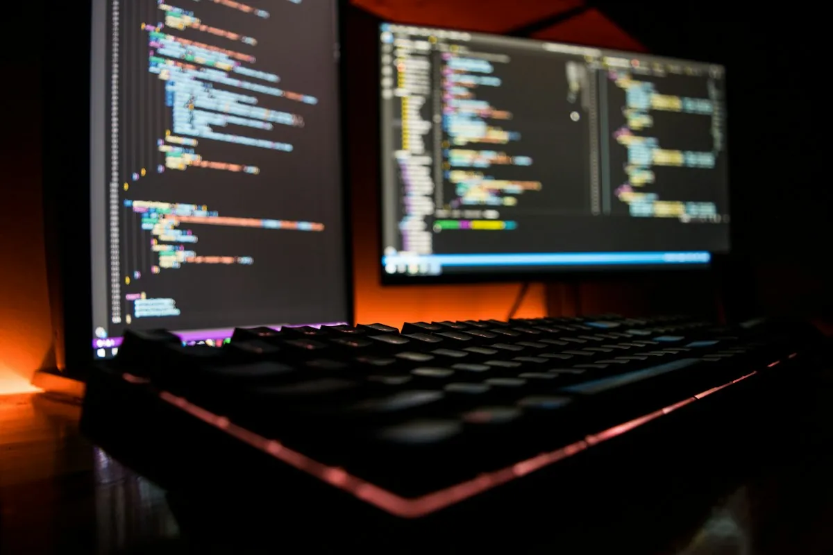 Code displayed across multiple monitors